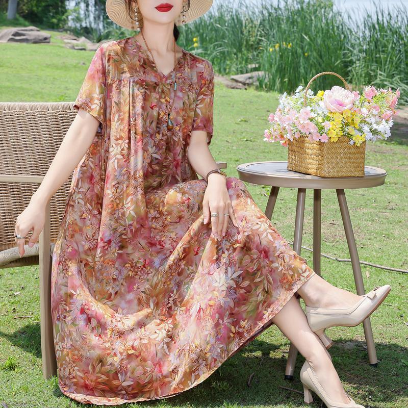 Elegant Women's Summer Dress Plus Size Short Sleeve Casual Loose Long Dresses Vintage Clothes