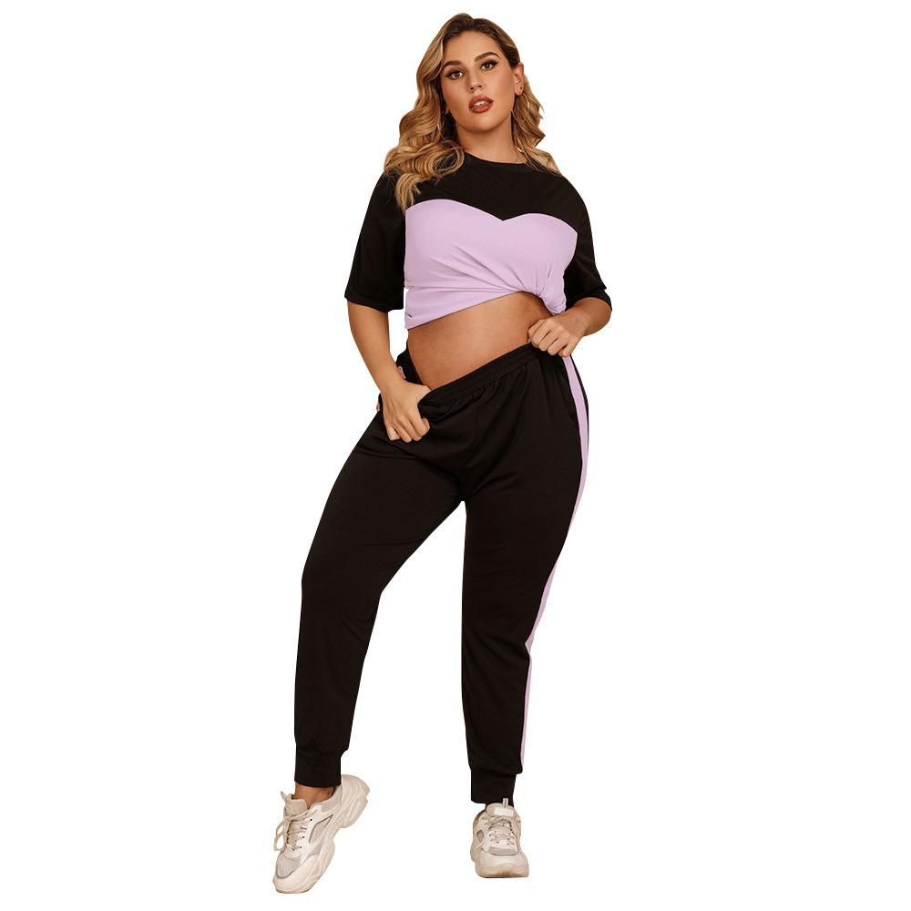 Large Size Women's T-shirt Pants Suit Summer Color Contrast Round Neck Shirt Elastic Waist Pants Loose Casual Sports Suit