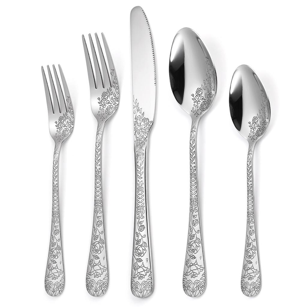 Chinese Patterned Stainless Steel Tableware Set for Household Knives  Forks  Spoons  Black 20/40 Piece Set
