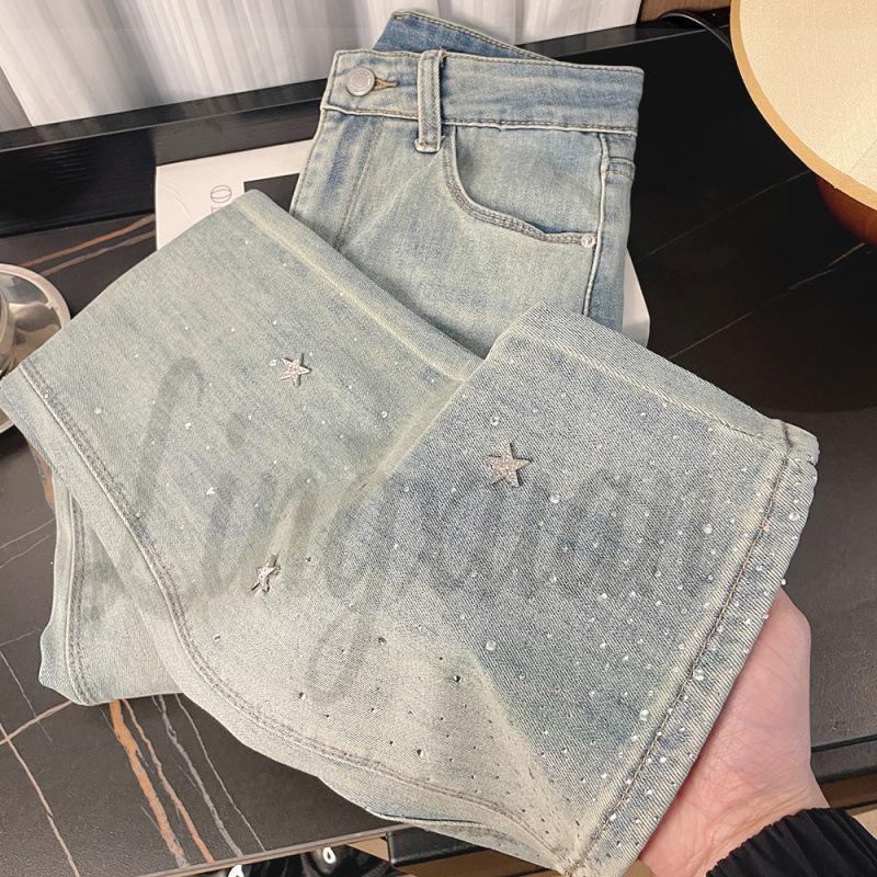 Light Blue Velvet Star High-Waist Flare Slim Fit Denim Pants for Women S
