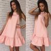 Women Summer Sleeveless Solid Round Neck Fold Casual Dress Female Outdoor Vacation Party Mini Dress