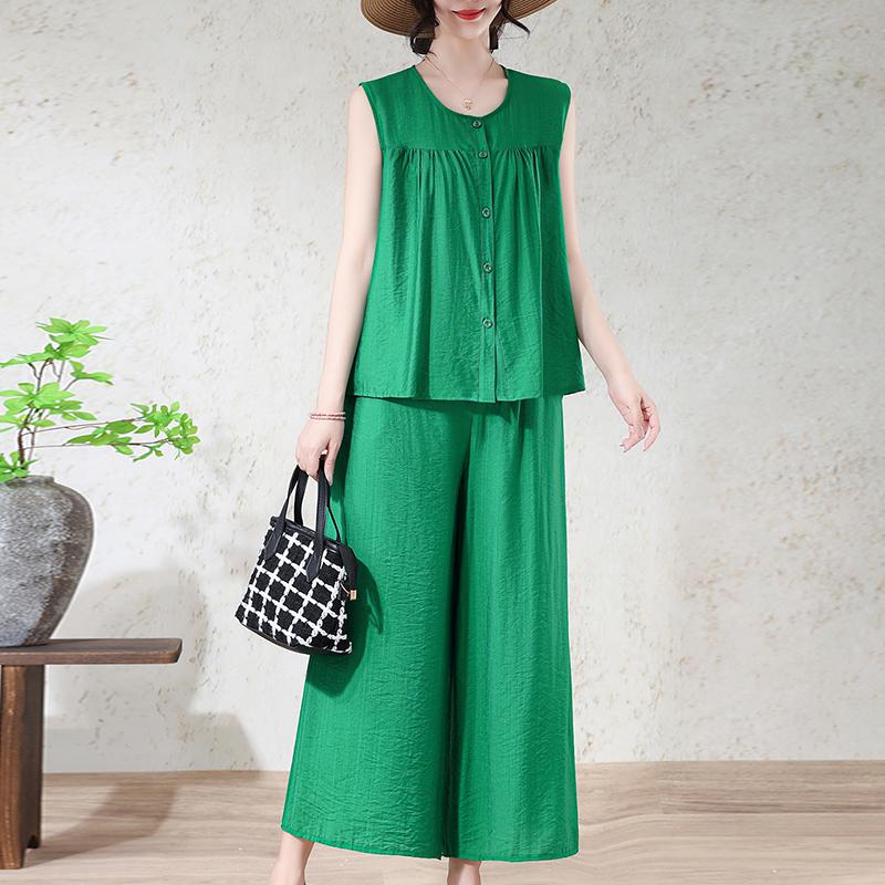 Women's Plus Size 2-Piece Set, Linen-cotton Sleeveless Button Top & Wide Leg Pants (XL-7XL)