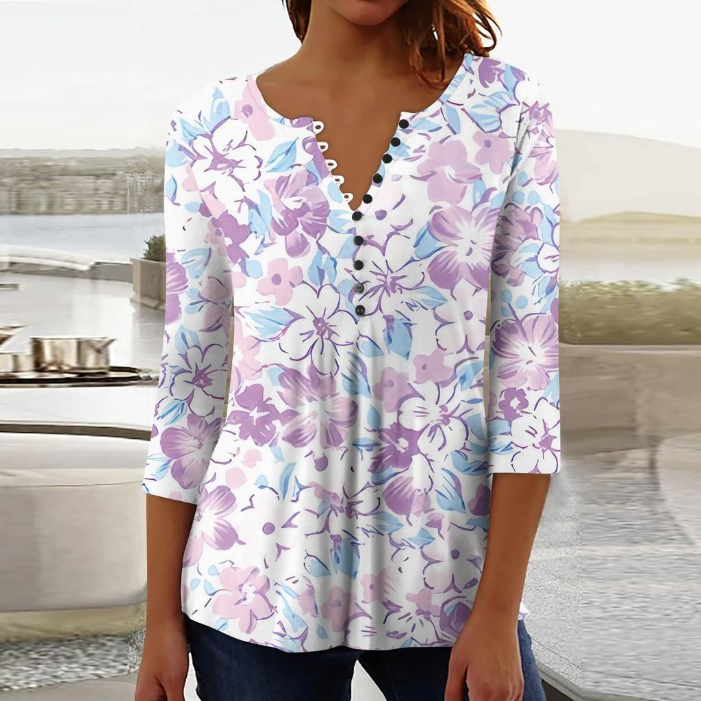 Women's Fashion Casual Pullover T-Shirt 3/4 Sleeve Printed Top