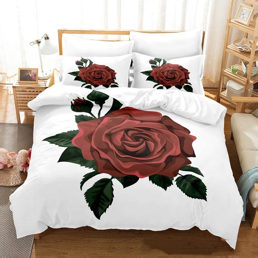 3D Red Rose Valentine's Day Gift Soft Duvet Cover Set Featuring Pilowcases Mary Warm Comforter Beding Sets for Weding Double Bed Linen Set Young Girls