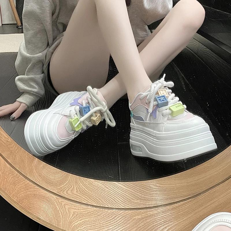 Móda Dámské 9CM Kožené Tenisky Podzim Jaro Šněrovací Ležérní Vycházková Obuv Robustní Tenisky Vysoká Platforma Sportovní Skate Obuv Žena