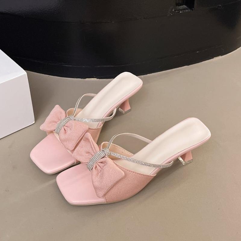 Water Diamond Bow Women's Shoes 2025 Summer New Large Square Head Thin Heel Fashion High Heels Casual Women's Pink Sandals