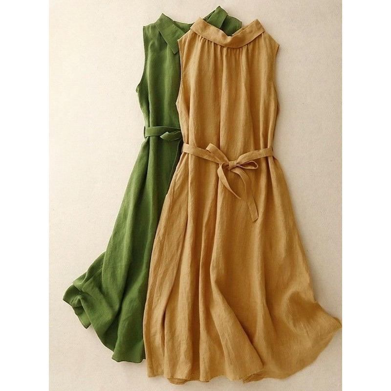 Elegant Loose Sleeveless Shirt Dress Women Summer Casual Long Dress with Tie Waist Design