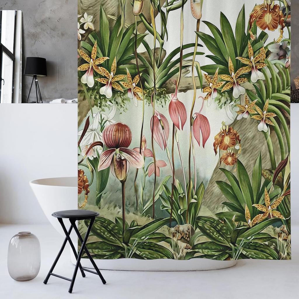 Tenda da Doccia Botanica Tropicale Design Piante della Foresta Pluviale Vintage, Tenda da Bagno in Tessuto Impermeabile con Ganci, Orchidea della Giungla