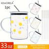 1PCS 1000ML Bow-Knot Glass with Lid and Straw Handle High Borosilicate Glass Glass Water Cup Coffee Cup Summer Winter Drinkware
