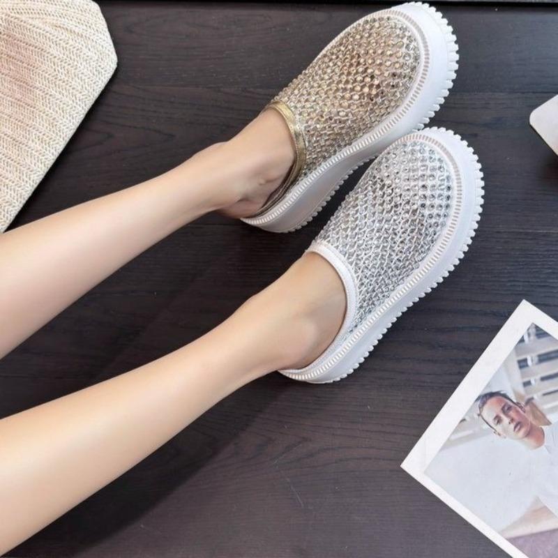Heightened Sandals Summer New Round Toe Deep Slip Rhinestone Mesh Breathable Versatile Wrapped Head Flip-Flops
