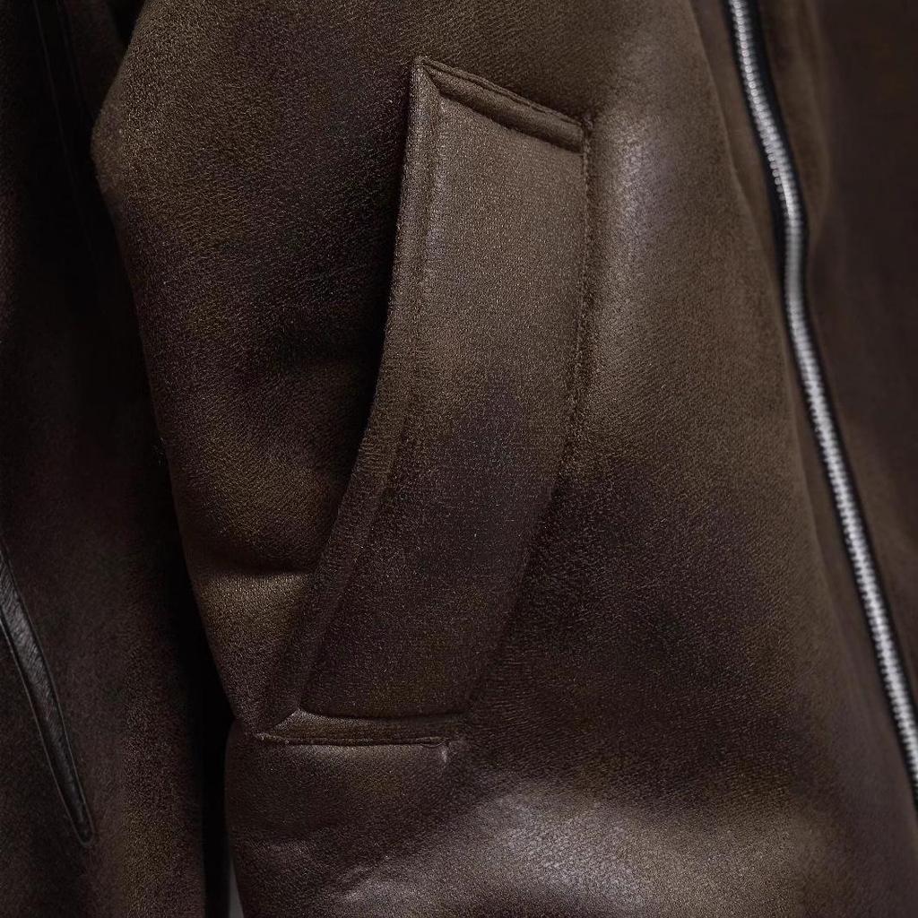 Women's Winter Shearling Suede Double-Sided Jacket with Turn-Down Collar