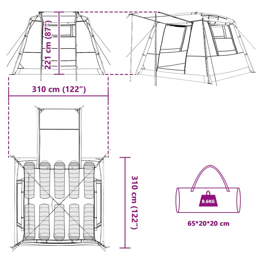 Party Tent Blue 10 Person Capacity 185T Polyester with PU Coating