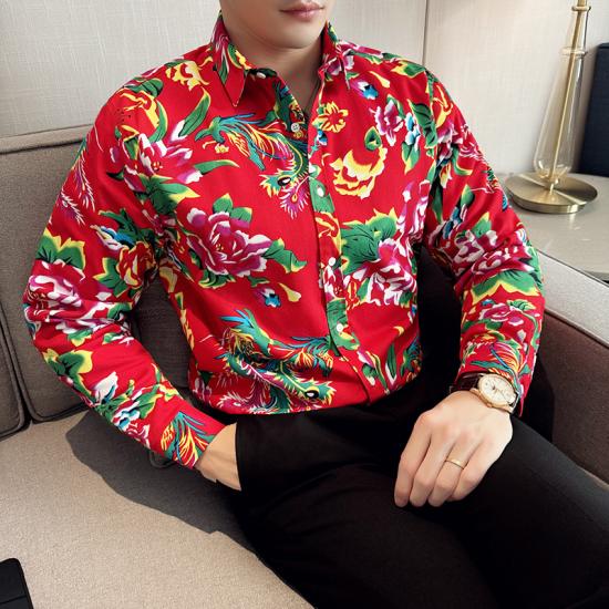 2024 Severovýchodní Velký Květinový Design Pánská Košile Čínský Styl Košile s Dlouhým Rukávem Knoflíkové Topy Trend Streetwear Ležérní Oversize Pánská 8XL