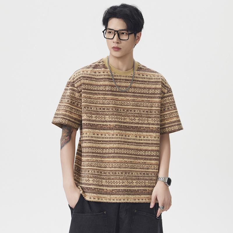Men's Vintage Ethnic Striped Short Sleeve Loose T-Shirt