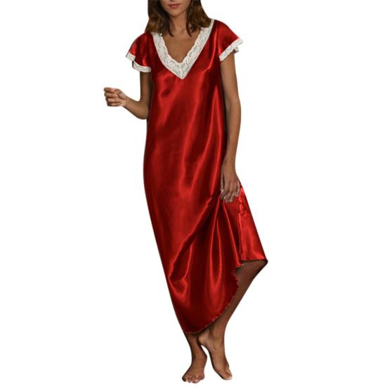 Women Nightgown Lace Trim V Neck Short Sleeves Solid Color Satin Dress Sleep Gown Pajamas Sexy Loose Long Nightdress Sleepwear