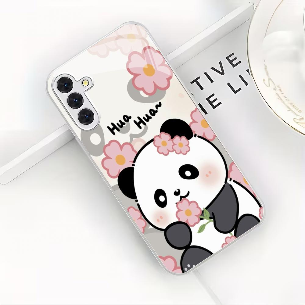 Cute Panda Silver Plated Glass Phone Case Suitable for Samsung Galaxy S26 S25 S24 S22 S21 S20 FE/Ultra/Plus Anti Drop Back Cover