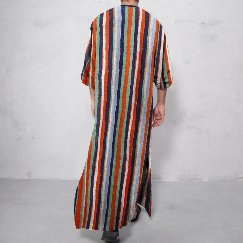 Striped Gradient Stand Collar Robe - Men's Long Sleeve Southeast Asia/Middle East Style