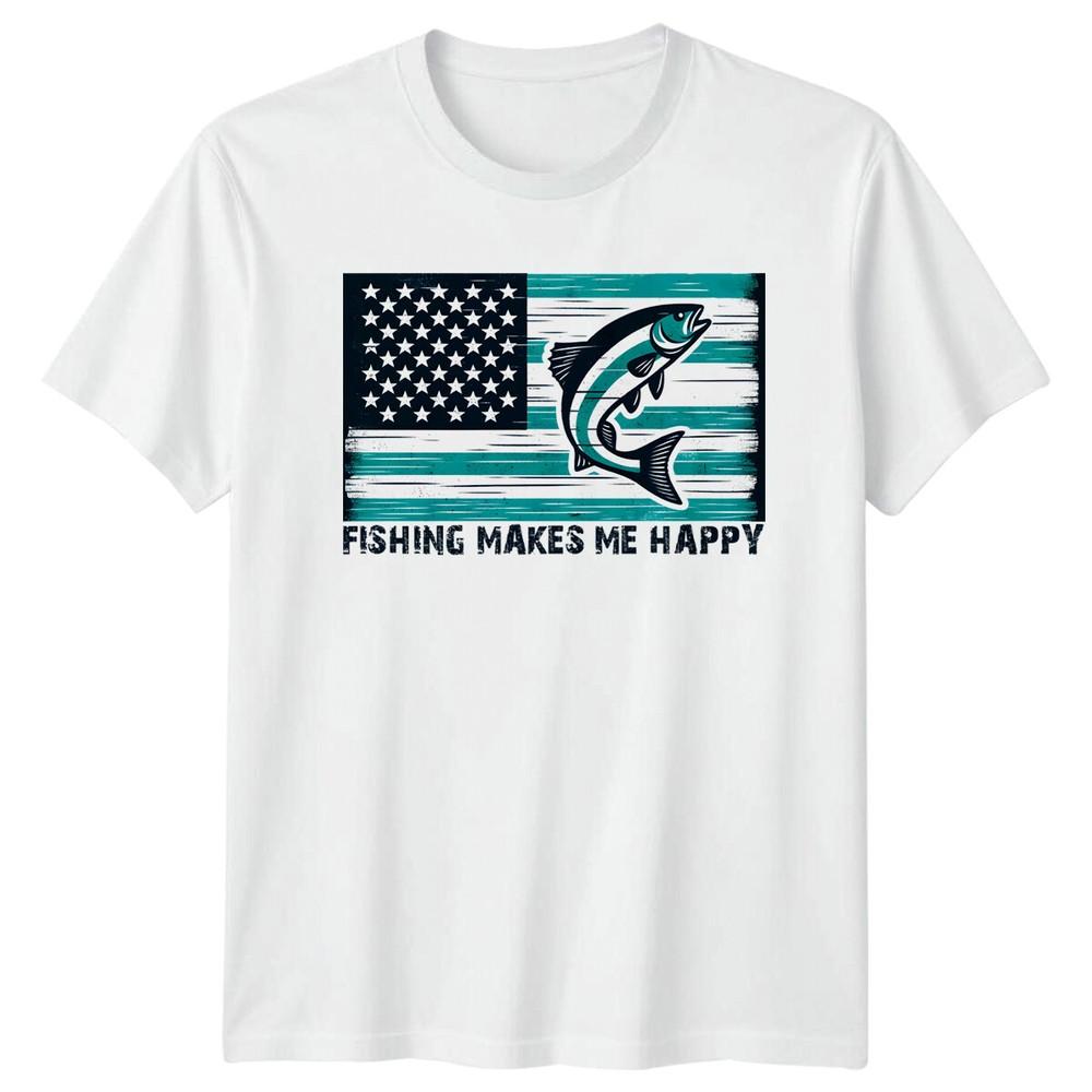 Fishing Makes Me Happy American Flag Fish Graphic TShirt S