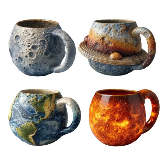 Space-Themed Coffee Cups with Ergonomic Handle Dishwasher Safe Space Embossed Planet Mugs Solar System Planet Mugs