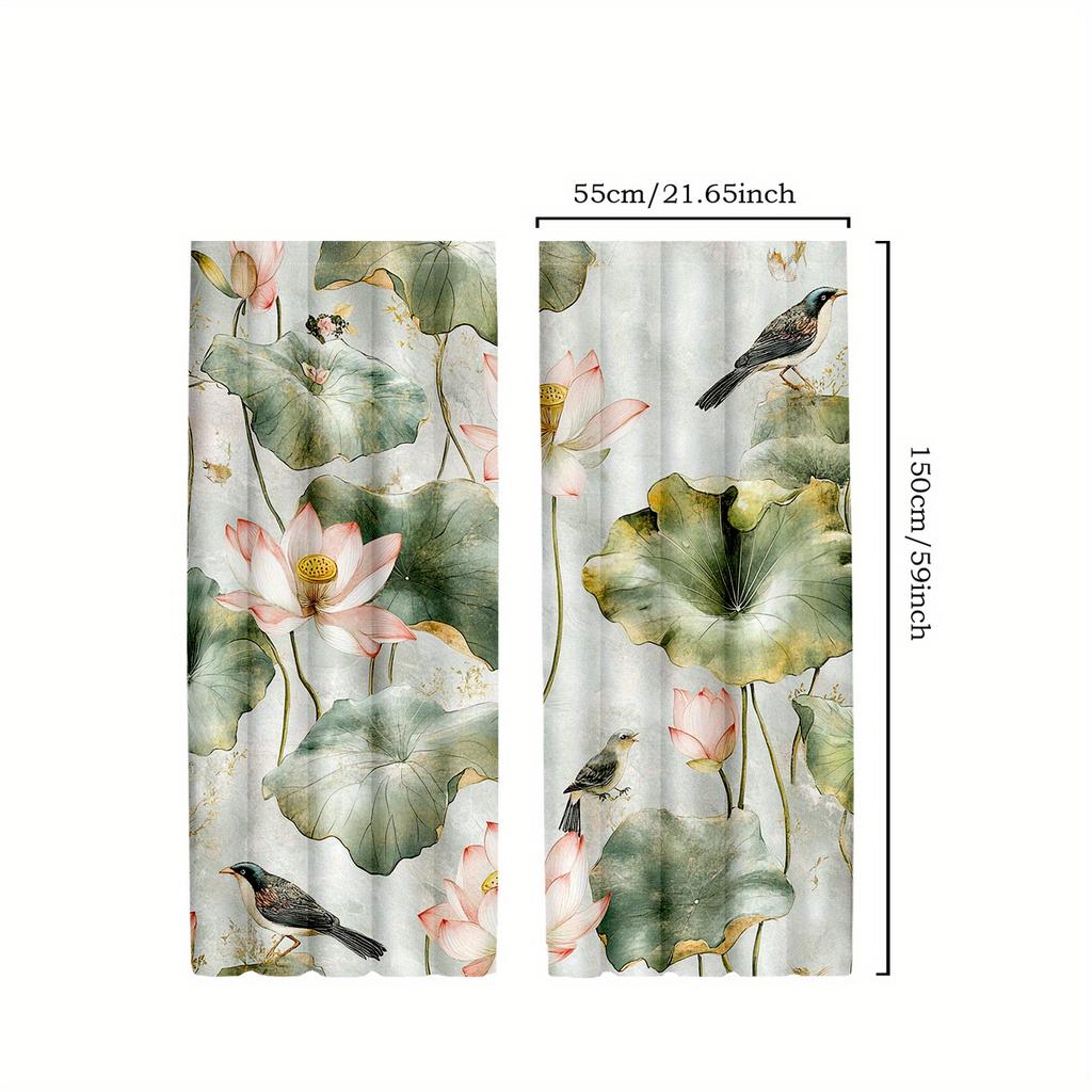 2pcs Elegant Watercolor for Lotus & Bird Print Curtains - Retro Japanese Style, Semi-Transparent Polyester Drapes for Bedroom &