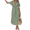 Women Dress V-neck Lace-up Short Sleeve High Waist Midi Dress Solid Color Flowy Hem Casual Dress Daily Wear