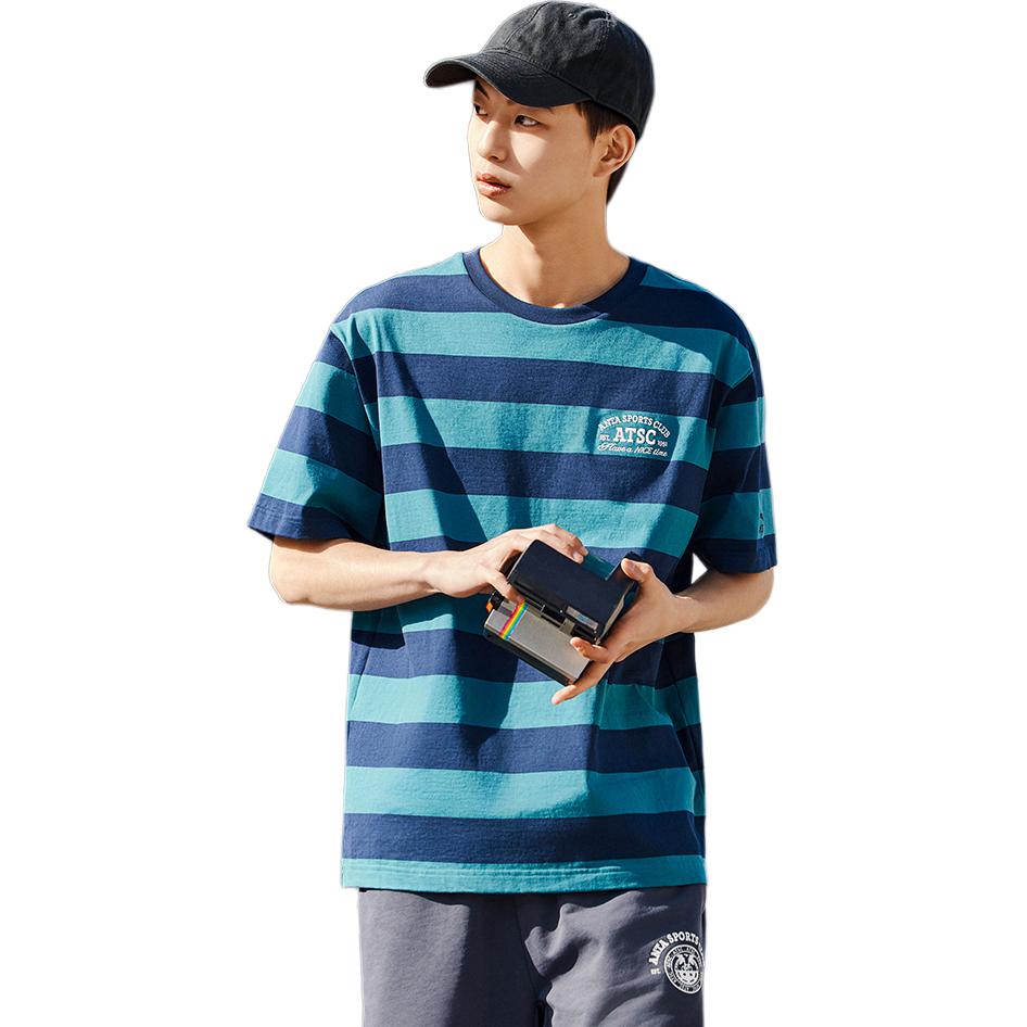 Anta Striped Round Neck Loose Short Sleeve T-Shirt Men Tops Bamboo-Green Midnight-Blue 152428129-2