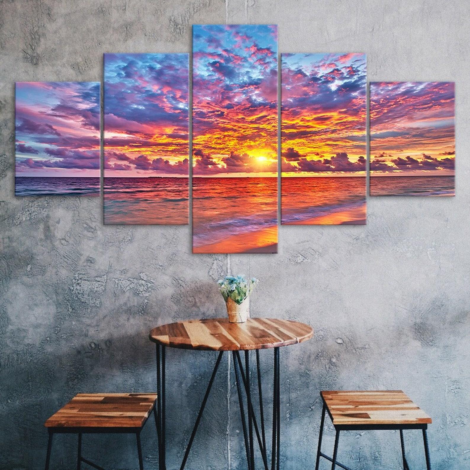 

Horizon Ocean Sunset Red Sky Clouds Canvas 5 Piece Five Panel Wall Print Modern Art Poster Picture Home Decor Gift For Him For Her 20X35 20X45 20X55CM