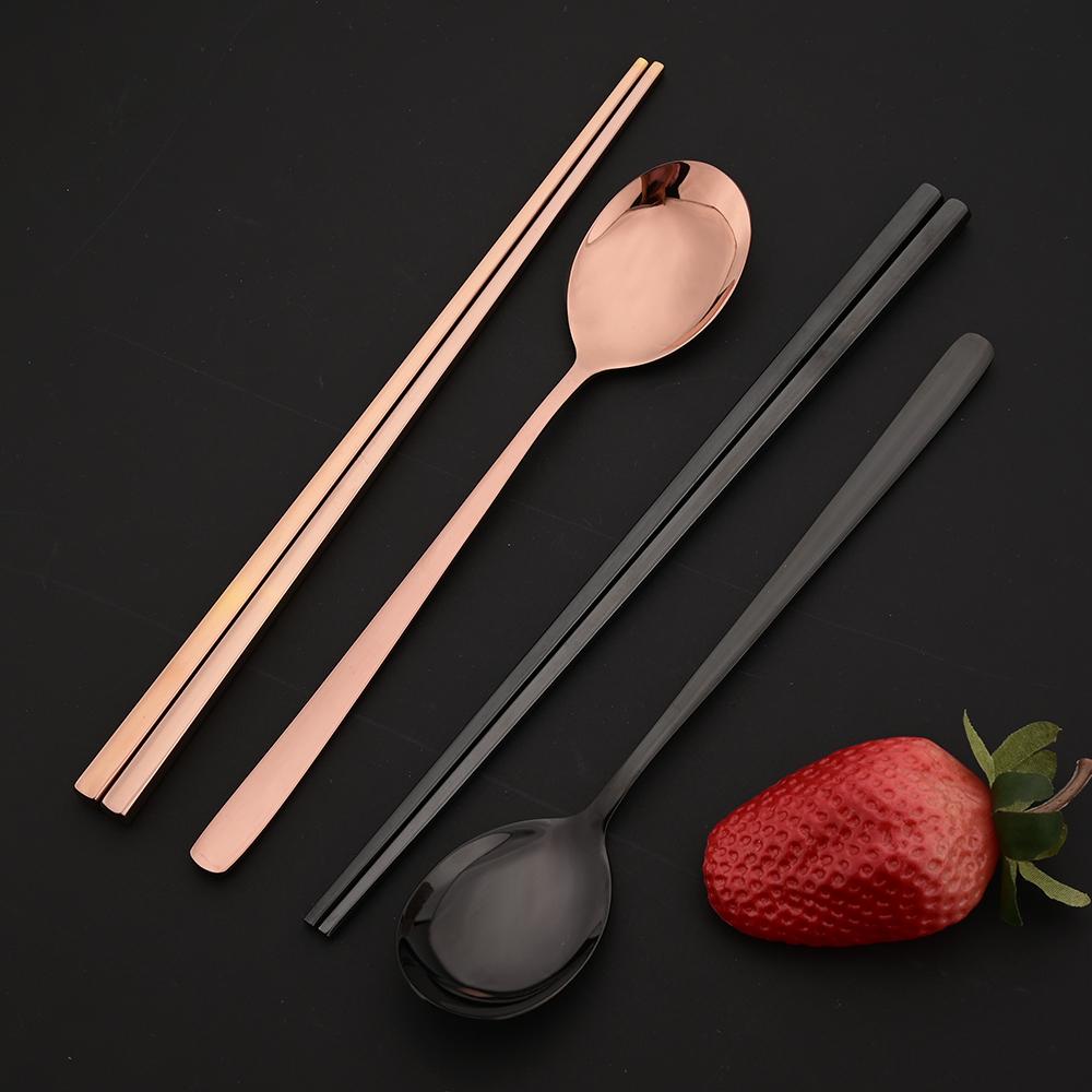 5Set Black Gold Portable Travel Cutlery Set Chopsticks Spoon 304 Stainless Steel Korean Dinnerware Set Luxury Tableware Set