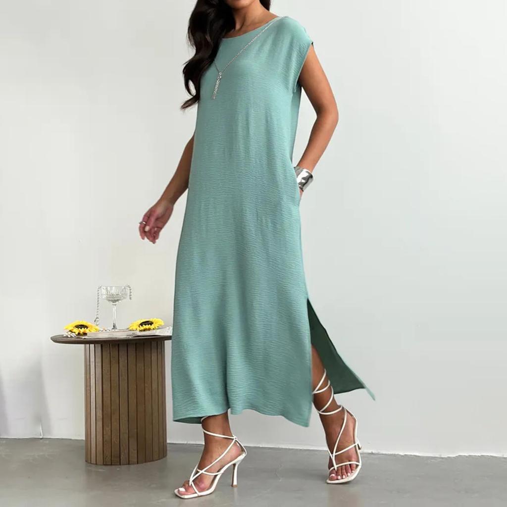 Sleeveless Solid Color Slim Fit Midi Dress with Side Slit Loose Fit Tank Dress for Women Casual Daily Wear