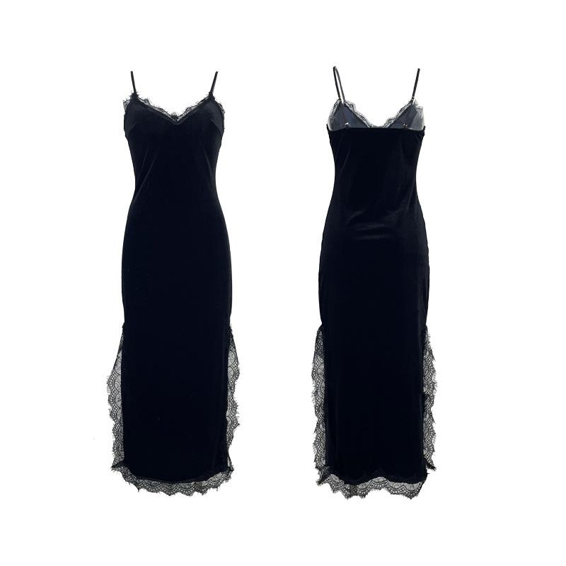 Sexy deep v pajamas women's long suspender nightgown velvet lace seduction backless