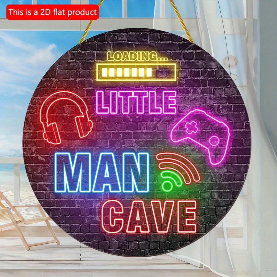 2D Flat 20*20cm 1pc Loading Little Man Gave Imitation of Neon Headphones Game Console Pattern Round Wooden Decor, Technology-sense Design Style