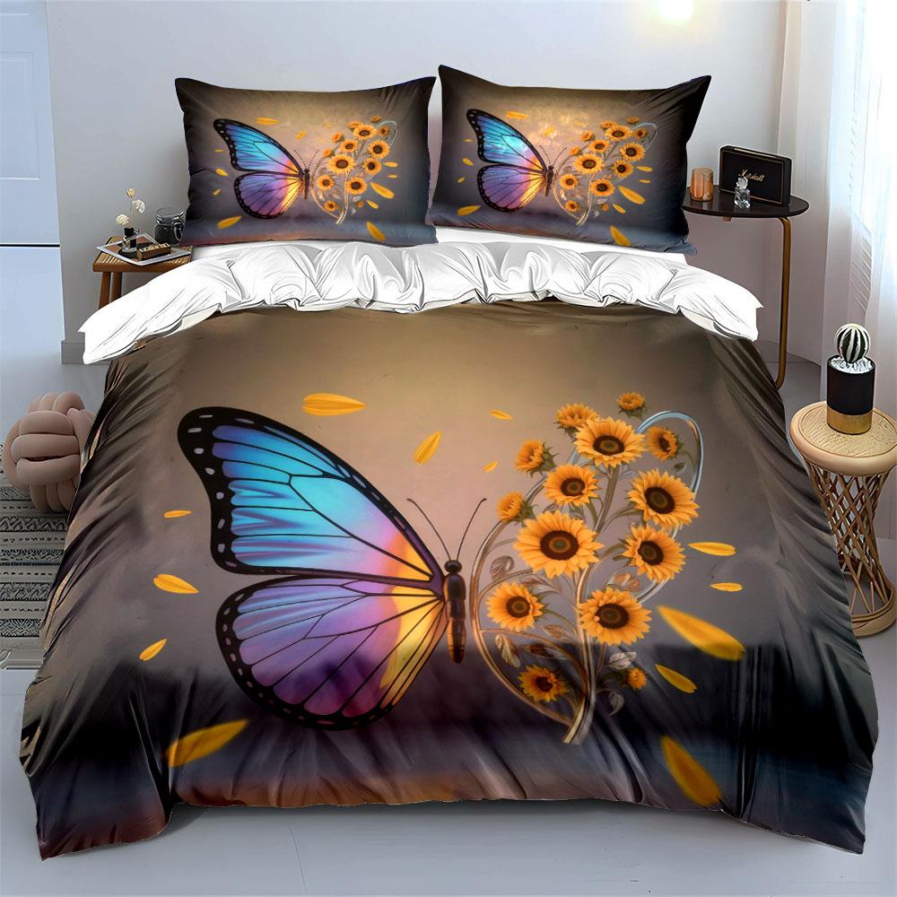 Butterfly Sunflower Art Decor Set Bedding Set with 1 Duvet Cover 2 Pillowcases Single Double King Queen, Gift