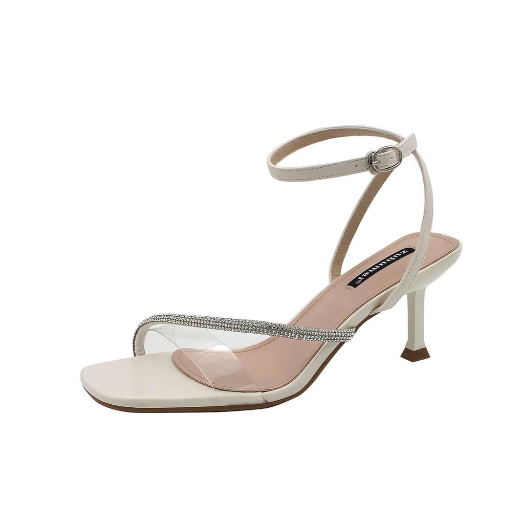 Sexy Strappy High-heeled Shoes Women's Rhinestone One-word Sandals Women's Stiletto Korean Version High-heeled Sandals Women