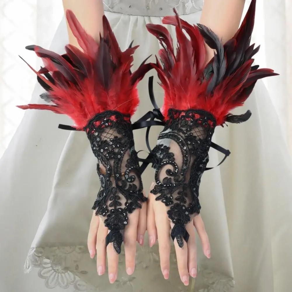Retro Sequins Feather Lace Gloves Gothic Women Halloween Arm Sleeves Halloween Feather Gloves  Ball
