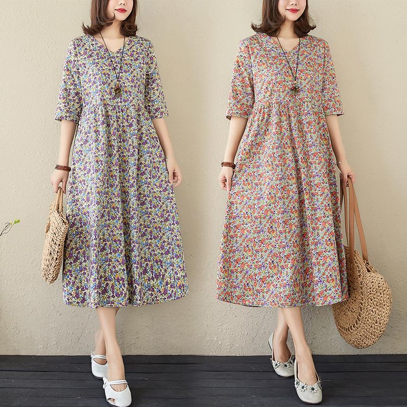 Buy Vneck Print Floral Prairie Chic Vintage Dress Soft Cotton Linen