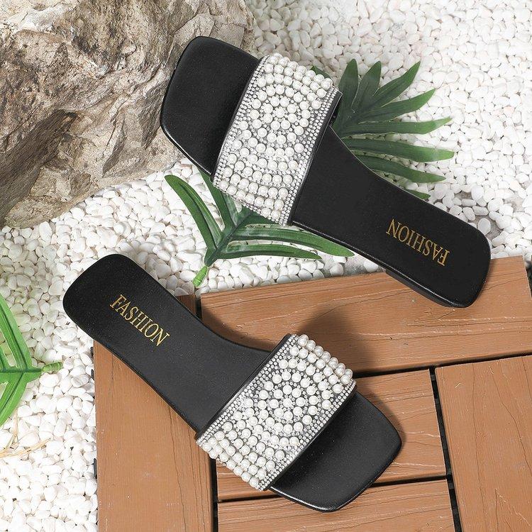Women Pearl Rhinestone Square Toe Flat Slide Sandals Summer Beach Casual Comfortable Dress Slippers