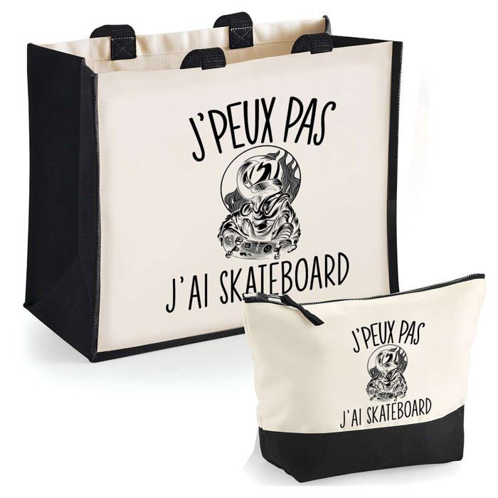 Coffret sac cabas & trousse - PLANETEE - Skateboard "J'peux Pas" - Personnalisé - Jute naturel - Fabrication française