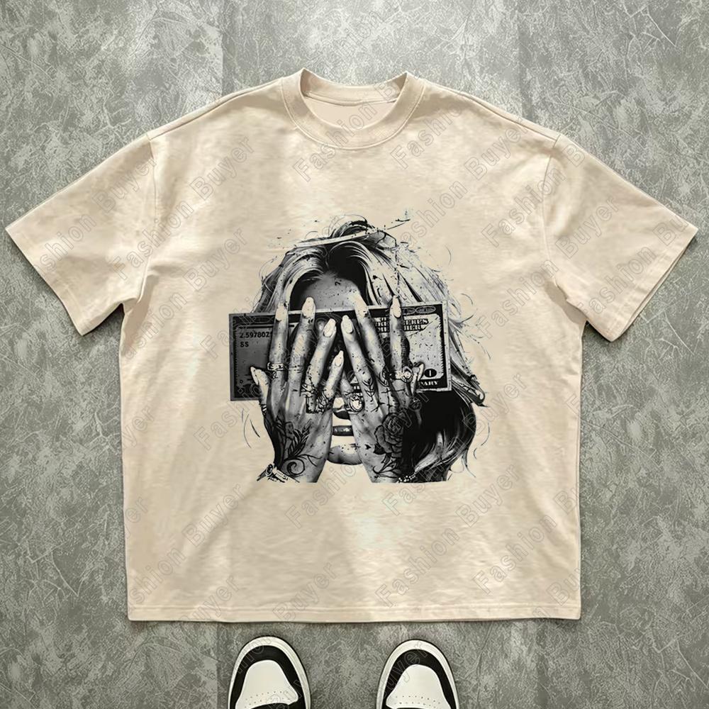 Classic YK Money Angels Troubled Face Print TShirt High Street Shirts Gothic Round Neck Cotton Tops New Unisexs Women T Shirt