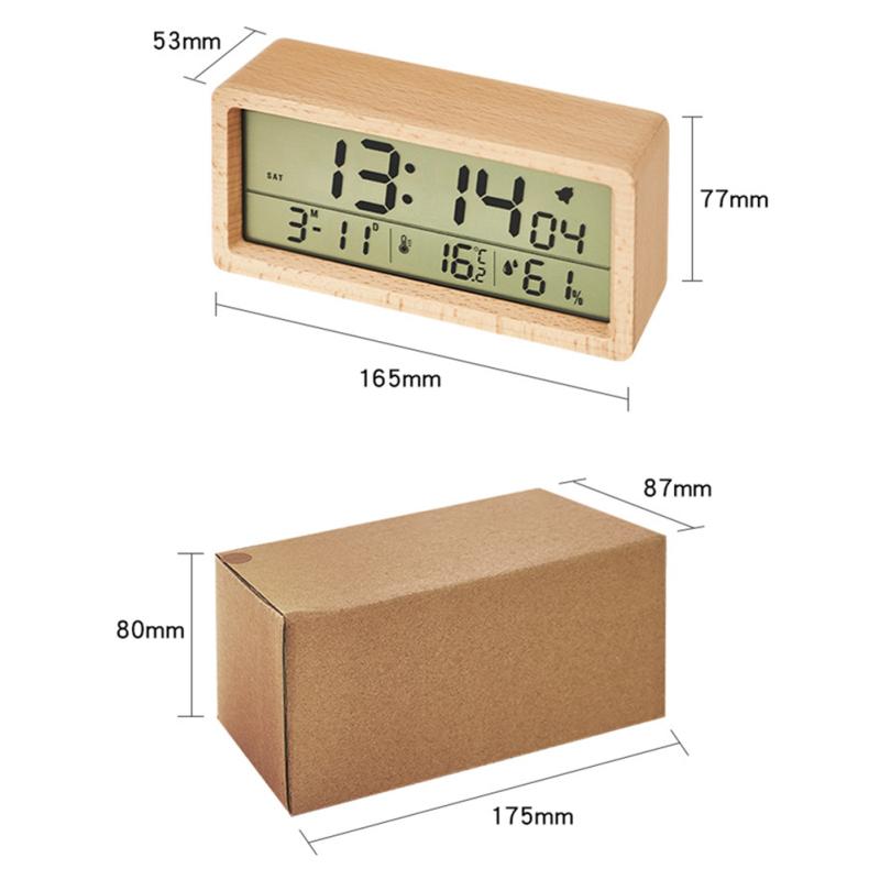 Wooden Digital Alarm Clock Time Date Temperature Humidity Measurement Large Screen Alarm Clock For