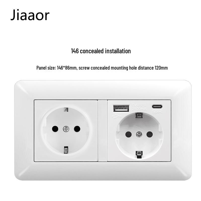 16A White German-Style Double Gang Wall Socket Panel with USB & Type C, European Standard.