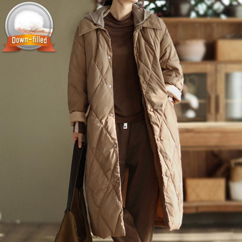 Long straight winter coat with rhombus pattern Casual sashes women parkas Deep pockets tailored collar stylish outerwear