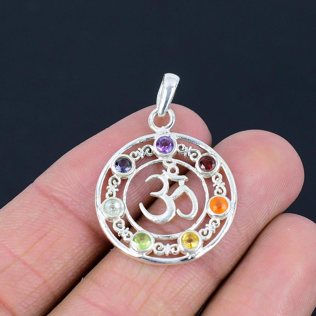 Pandantiv cu pietre prețioase naturale cu șapte chakre Om Shiva, argint 925, bijuterii cu pandantiv lucrat manual, cadou pentru Ziua Îndrăgostiților