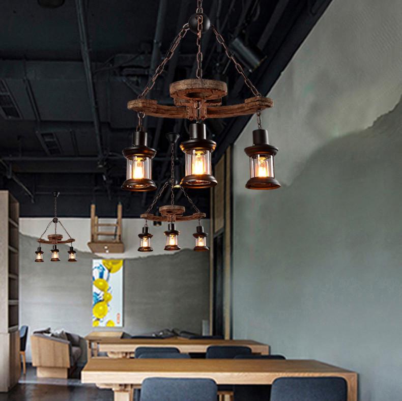 Vintage Industrial Wood Chandelier for Restaurants & Cafes