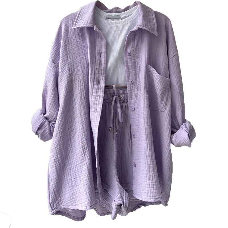 Shirts and Shorts Women's Clothing Lapel Long Sleeve Shirt High Waist Drawstring Shorts Fashion Casual Two-Piece Suit