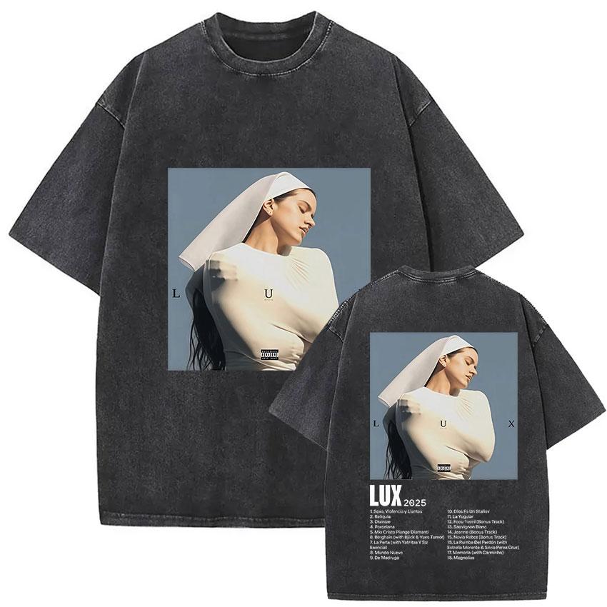 Rapper Rosalia Lux Tour Album Vintage Gewaschenes T-Shirt Unisex Damen Hip Hop Gothic Mode Kurzarm T-Shirt Yk Streetwear