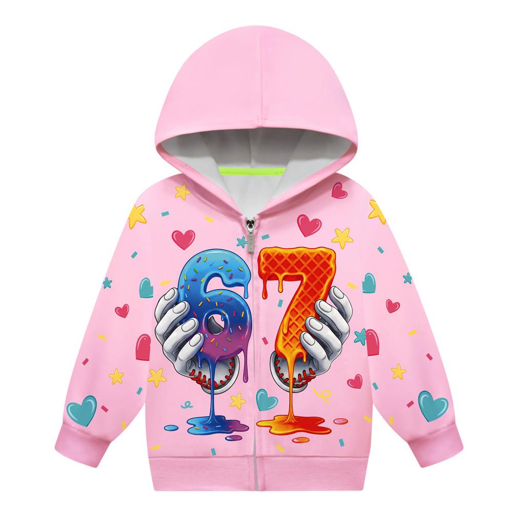 Mädchen Anime Cartoon Steal a Brainrot 67 Aufdruck Lässige Kapuzenjacke mit Reißverschluss Langarm Jacke Mantel