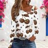 Women Plus Size Asymmetric Cutout Neck Cold Shoulder Long Sleeve Leopard Cherry Printed White Fitted Top