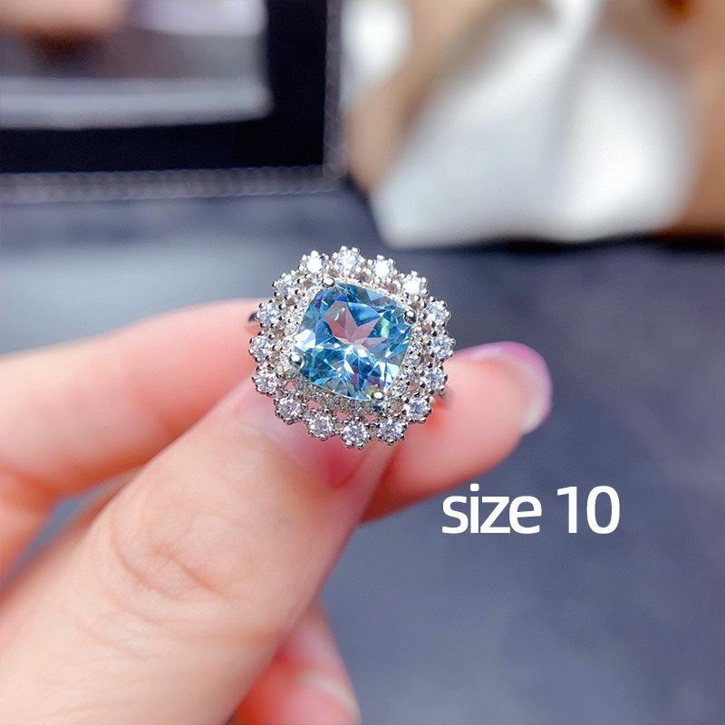 Silver Plated 4PCS Blue CZ Jewelry Set (Necklace+Earrings+Ring), Cushion Cut Halo Box Chain Set for Women