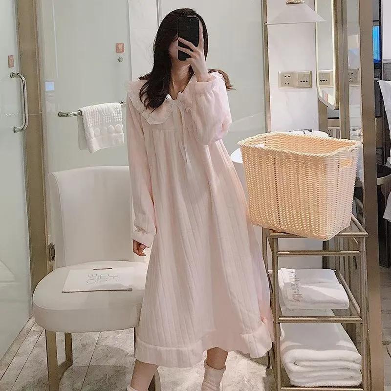 Herbst Winter Flanell Nachthemd Prinzessinnenstil Niedlicher Puppenkragen Fleecegefüttert und Verdickt Warmes Korallenvlies Hauskleidung Nachtwäsche