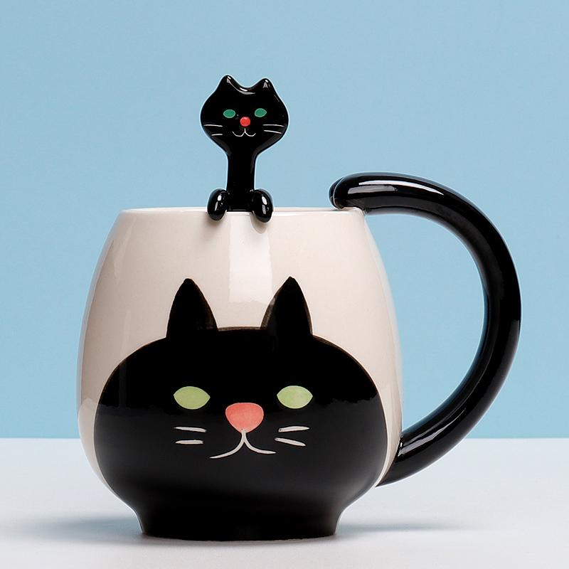 Hand-Painted Ceramic Coffee Cup Set Cartoon Panda Frog Cat Fox Pig Designs Couple's Matching Mugs with Teaspoons Kids Drinking